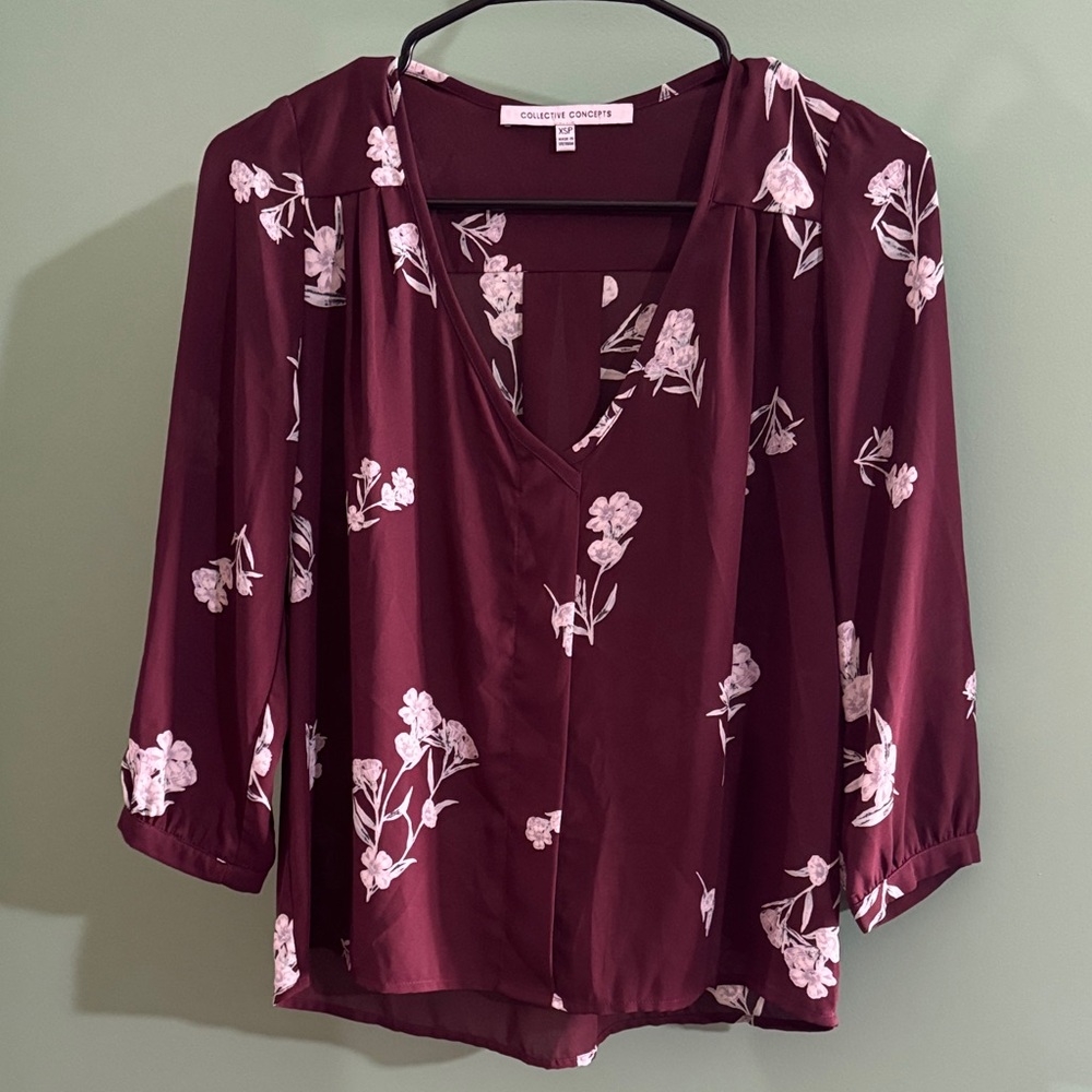 Collective Concepts Burgundy Floral Blouse